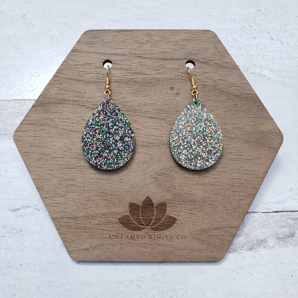 Dark Gray Holographic Glitter Large Teardrop Earrings, Handmade, Acrylic